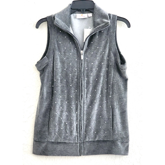 VEST-QUACKER FACTORY-Gray Velour-Sleeveless-Rhinestones-Zipper-SIZE XS - Picture 1 of 15